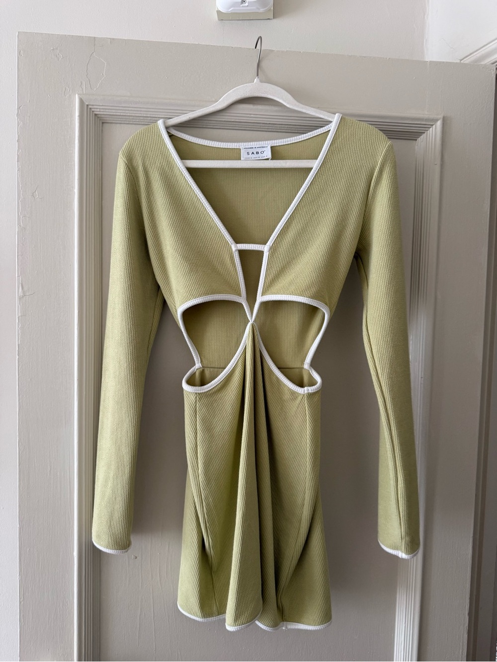 Sabo Skirt Olive Green Long-Sleeve Cutout Mini Dress with White Trim